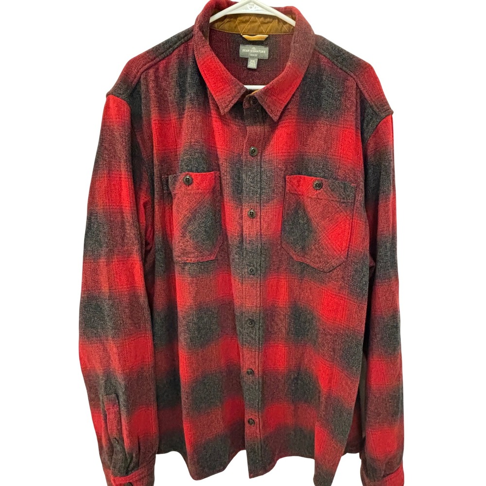 LL Bean Signature Mens XXL Tall‎ Slim Fit Red Black Buffalo Check Flannel Shirt